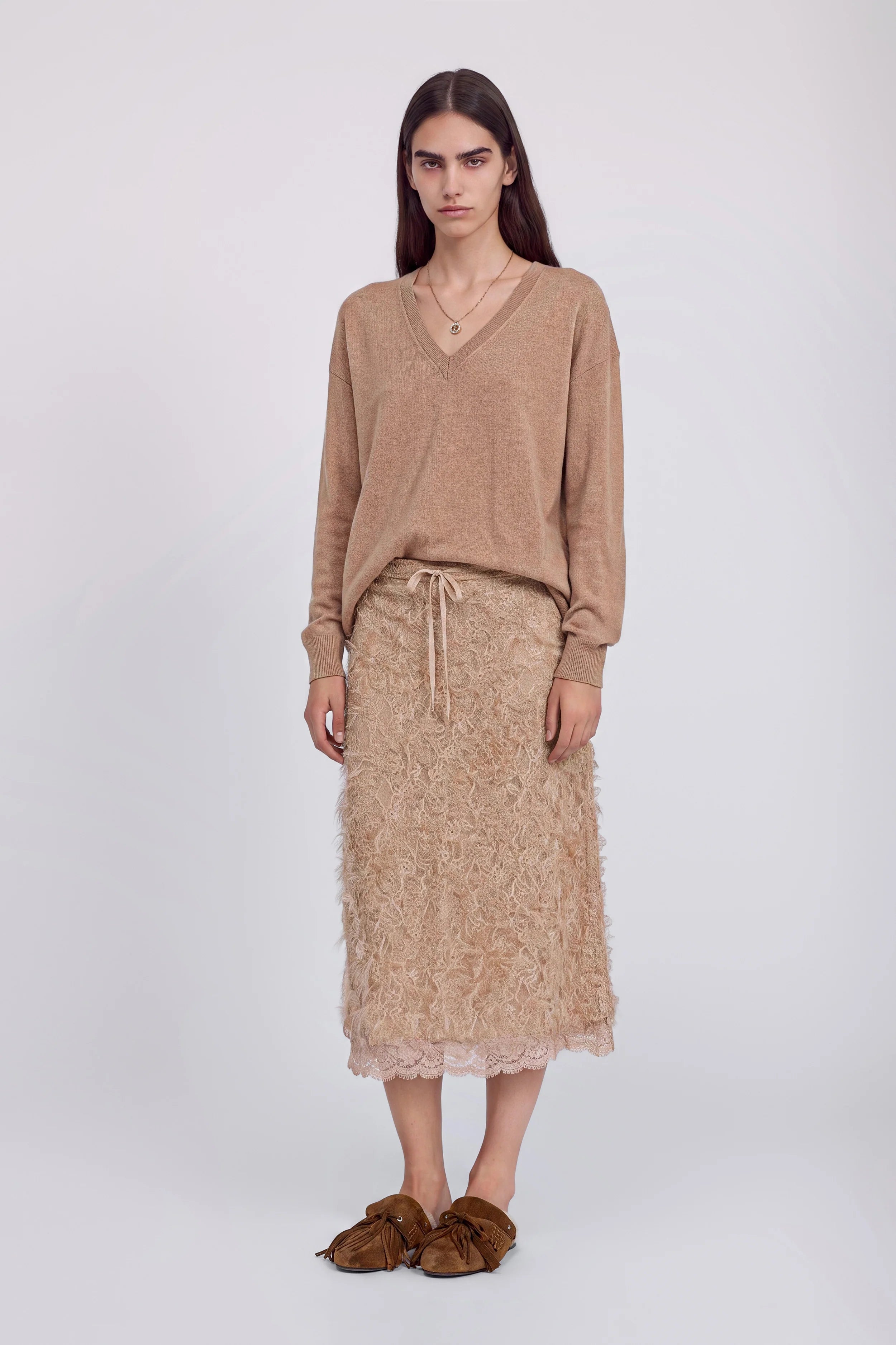 Tan lace midi skirt with slit