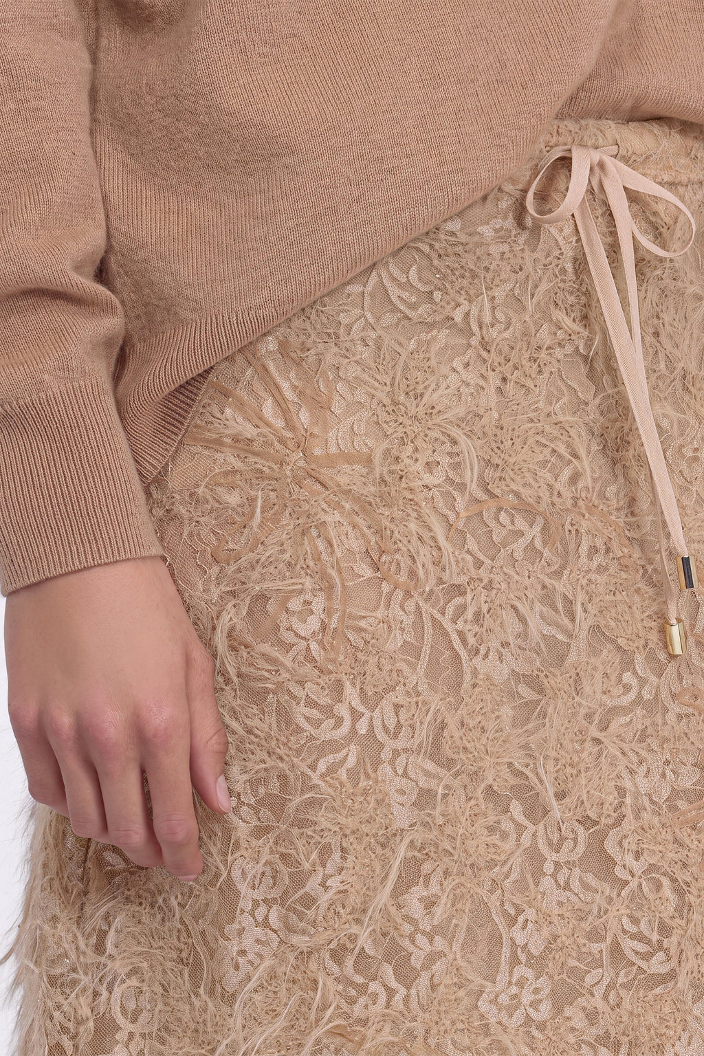 Tan lace midi skirt with slit