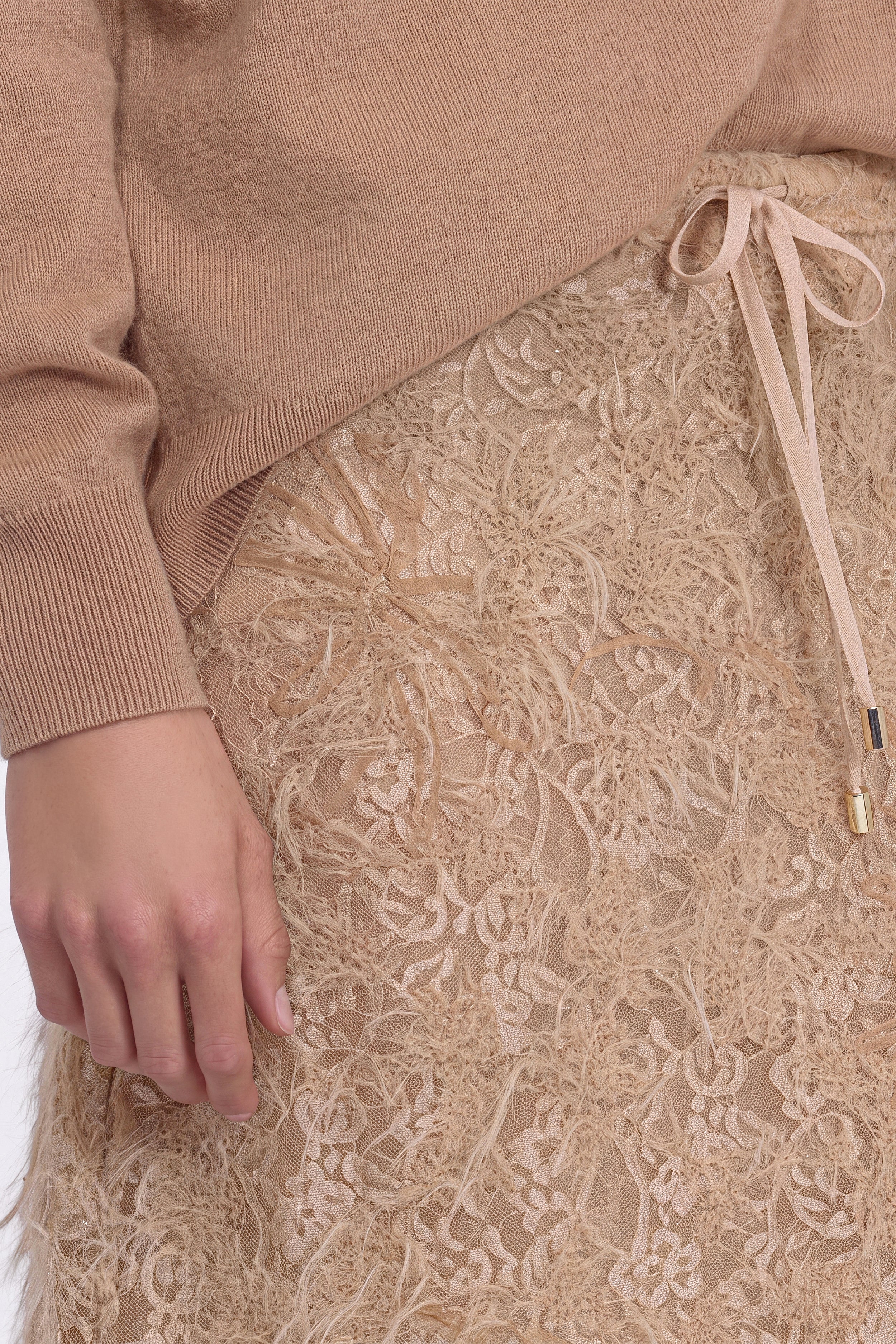 Tan lace midi skirt with slit