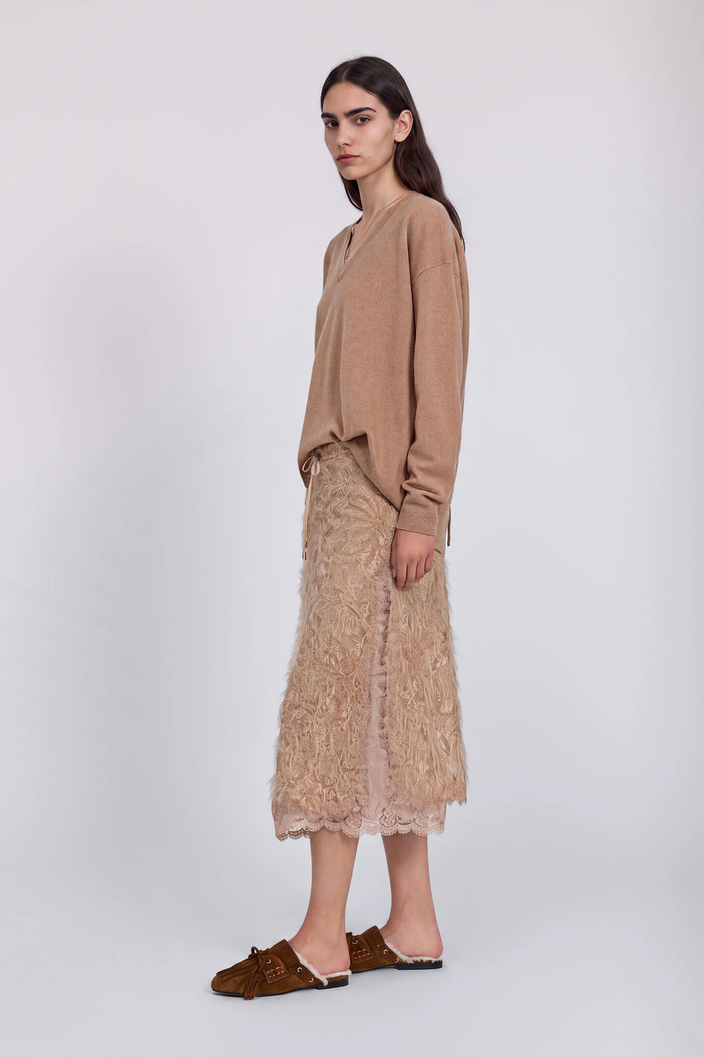 Tan lace midi skirt with slit