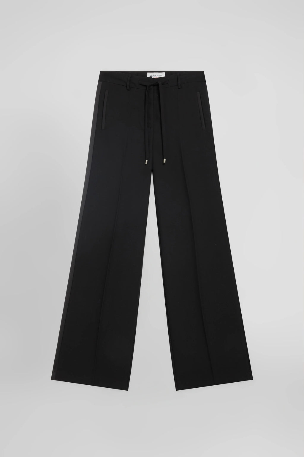 Black relaxed tuxedo pants with satin inserts and drawstring
