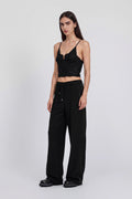 Black relaxed tuxedo pants with satin inserts and drawstring