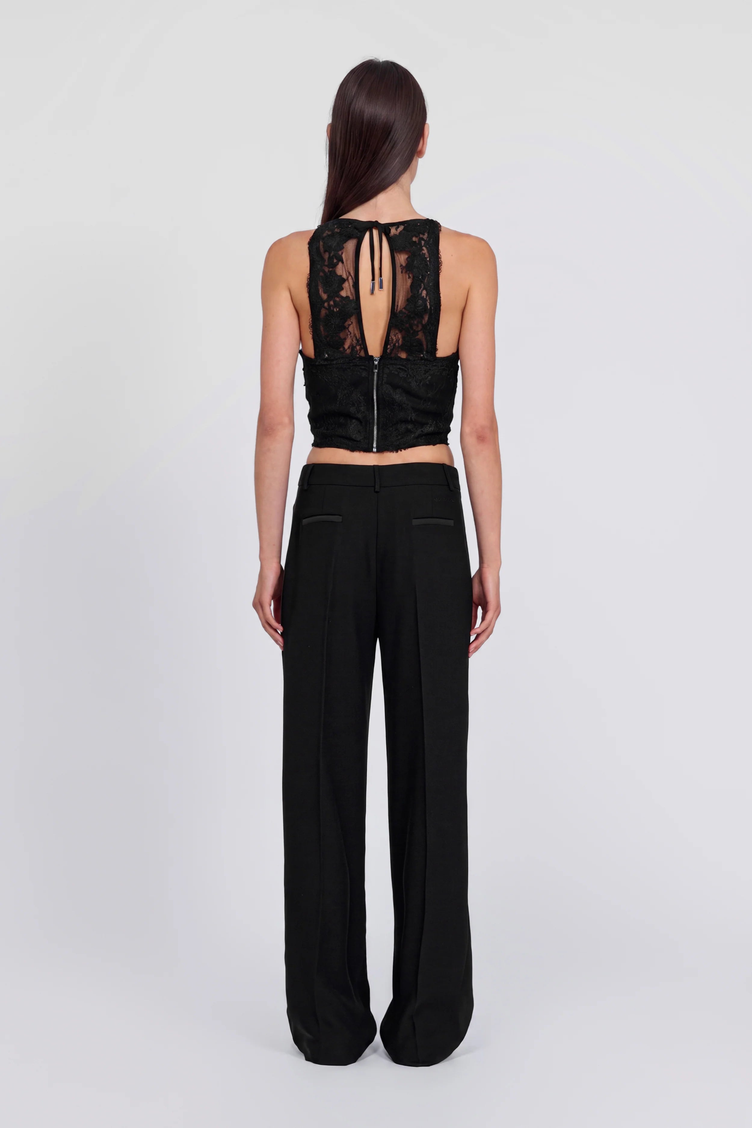 Black relaxed tuxedo pants with satin inserts and drawstring