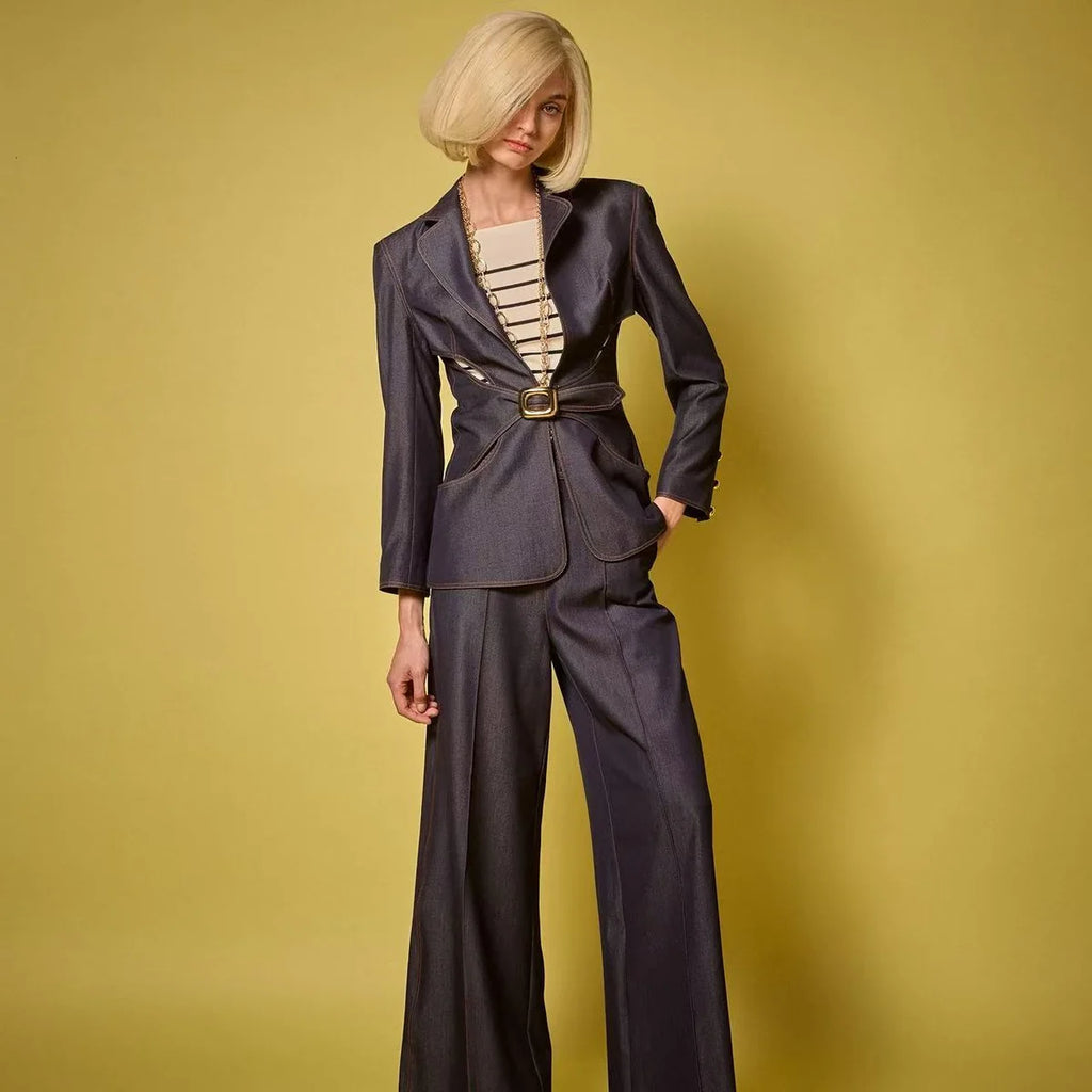 Blue stretch denim wide leg high waisted pants