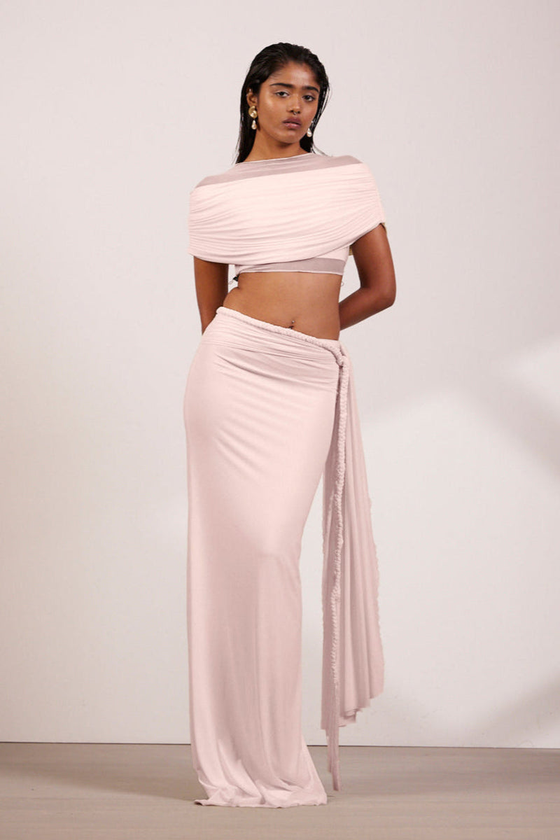 Pink 2 piece set with long skirt and off shoulder top
