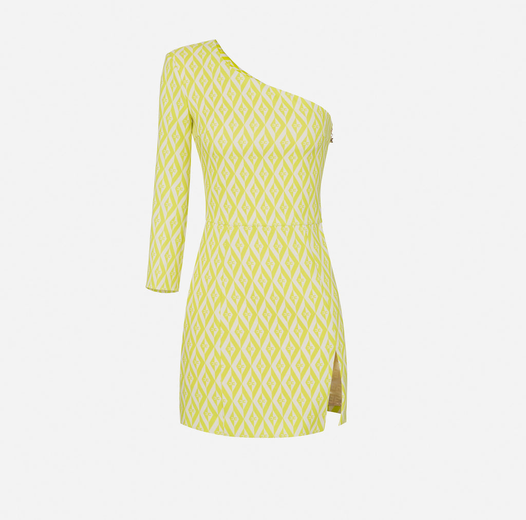 Lime geometrical print one shoulder mini dress
