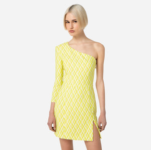 Lime geometrical print one shoulder mini dress