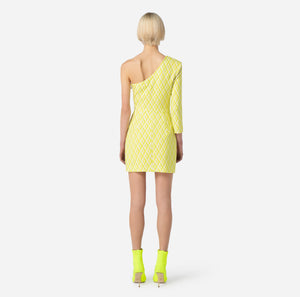 Lime geometrical print one shoulder mini dress