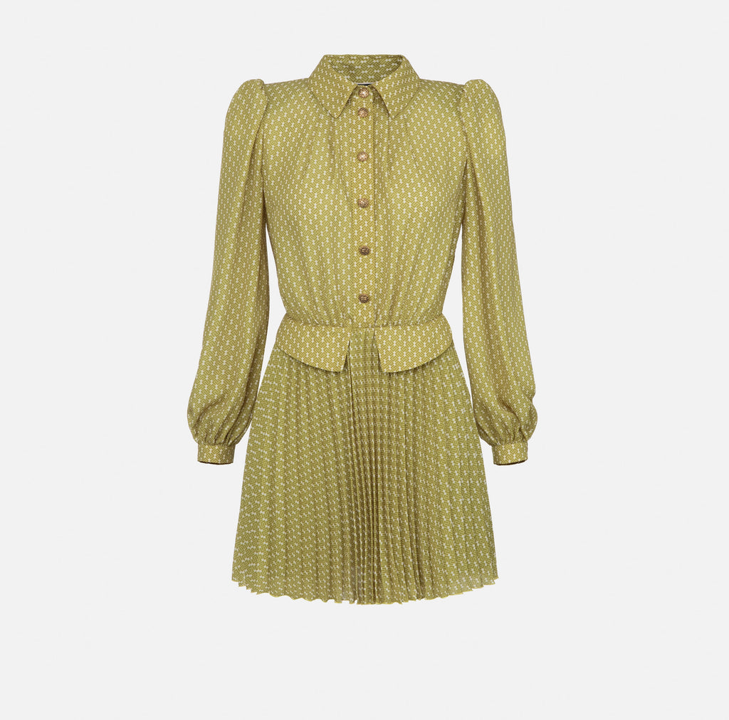 Olive mini pleated long sleeve dress