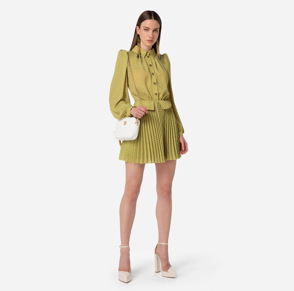 Olive mini pleated long sleeve dress