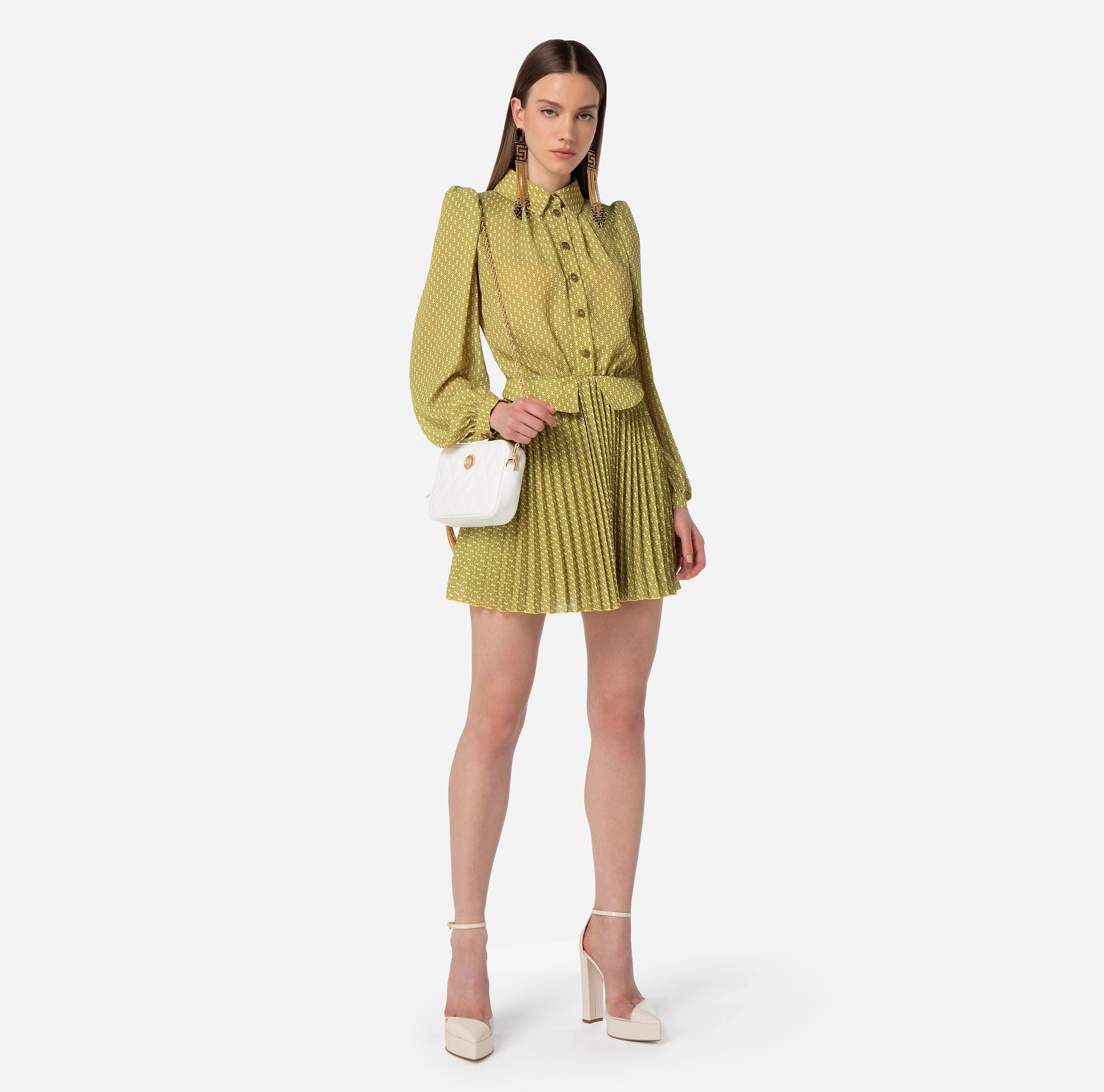 Olive mini pleated long sleeve dress