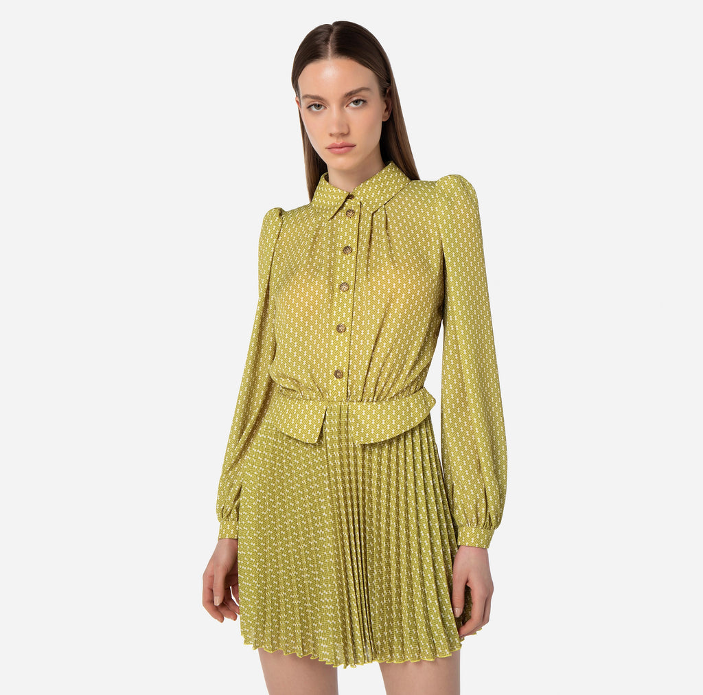 Olive mini pleated long sleeve dress
