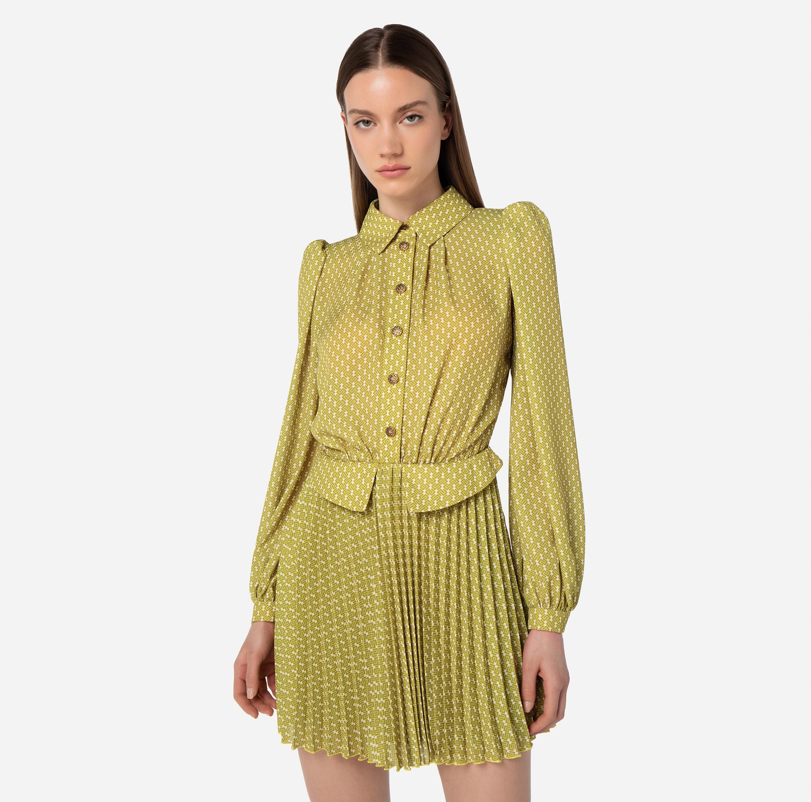 Olive mini pleated long sleeve dress