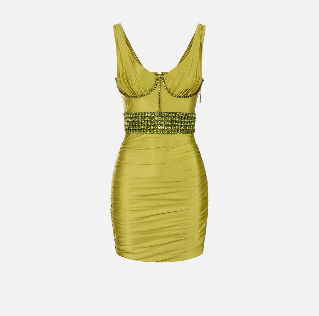 Lime lycra gathered bustier mini dress