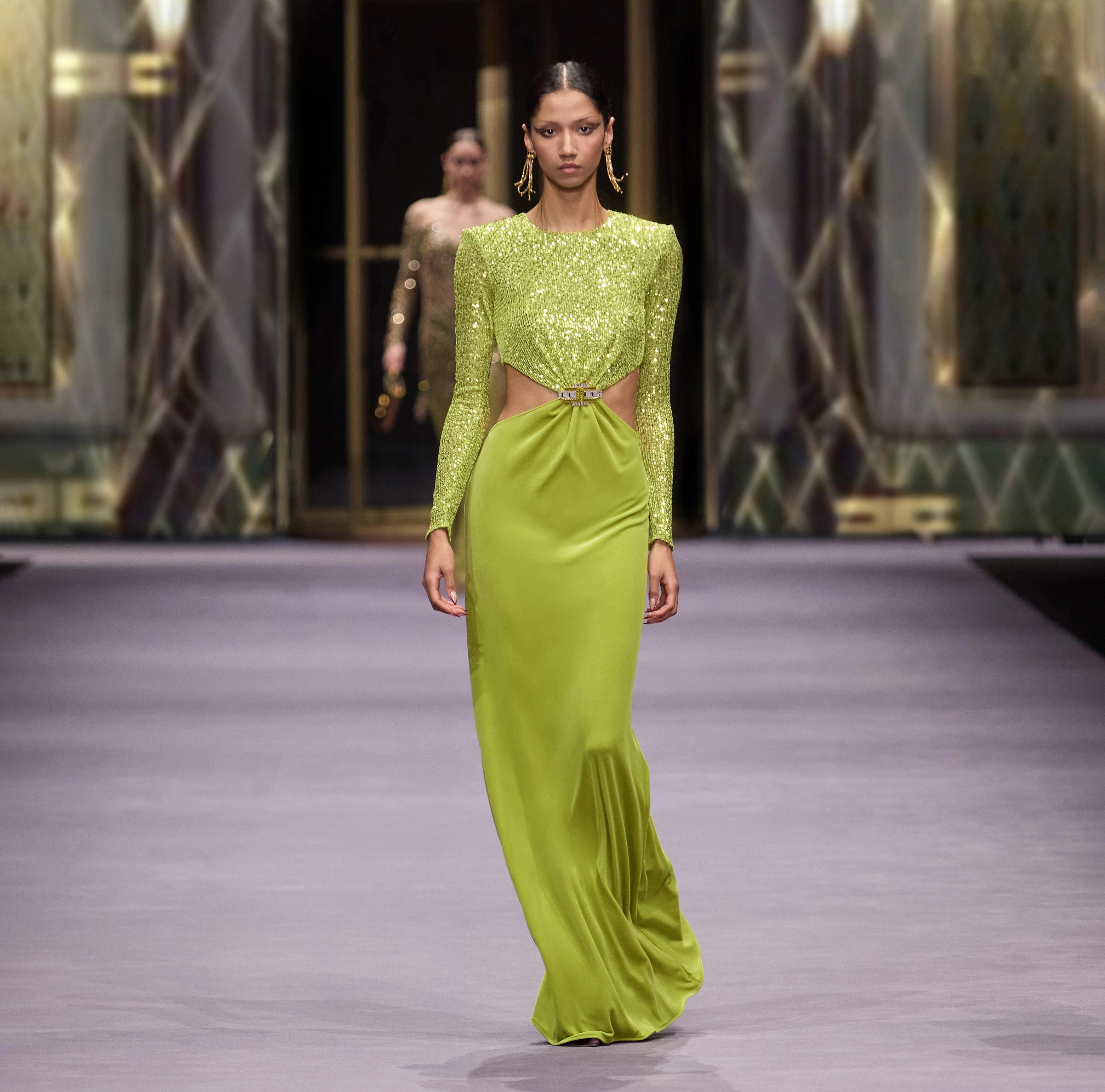 Lime sequin and velvet long mermaid dress