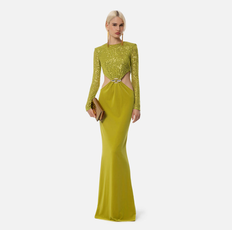 Lime sequin and velvet long mermaid dress