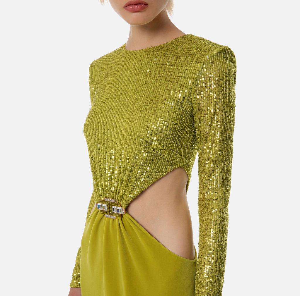 Lime sequin and velvet long mermaid dress