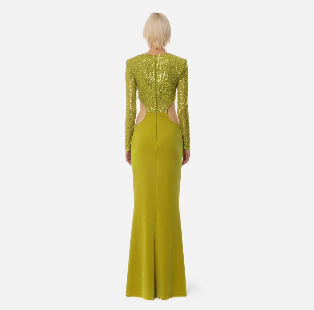 Lime sequin and velvet long mermaid dress