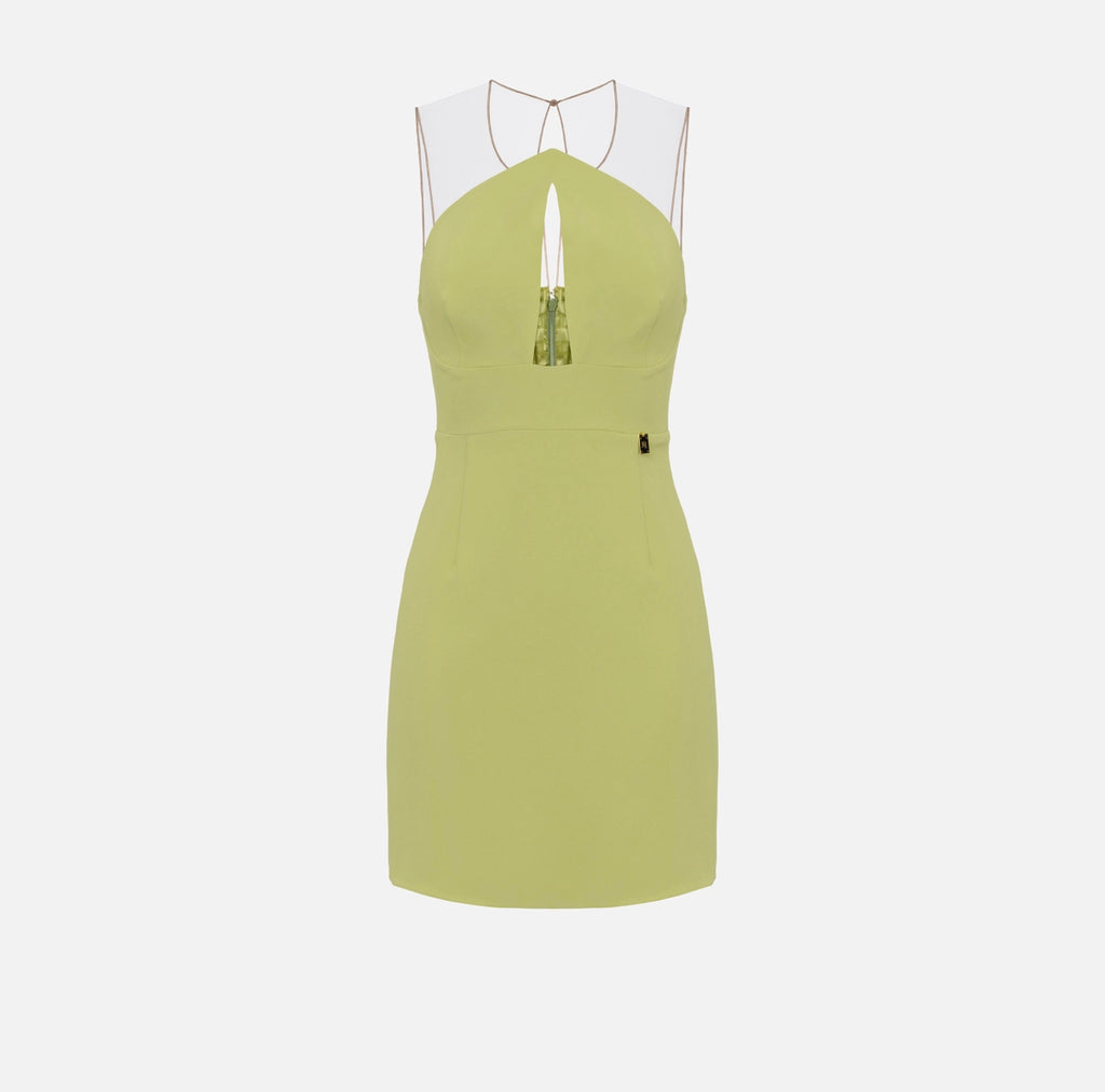 Lime mini dress in stretch crêpe with keyhole neckline