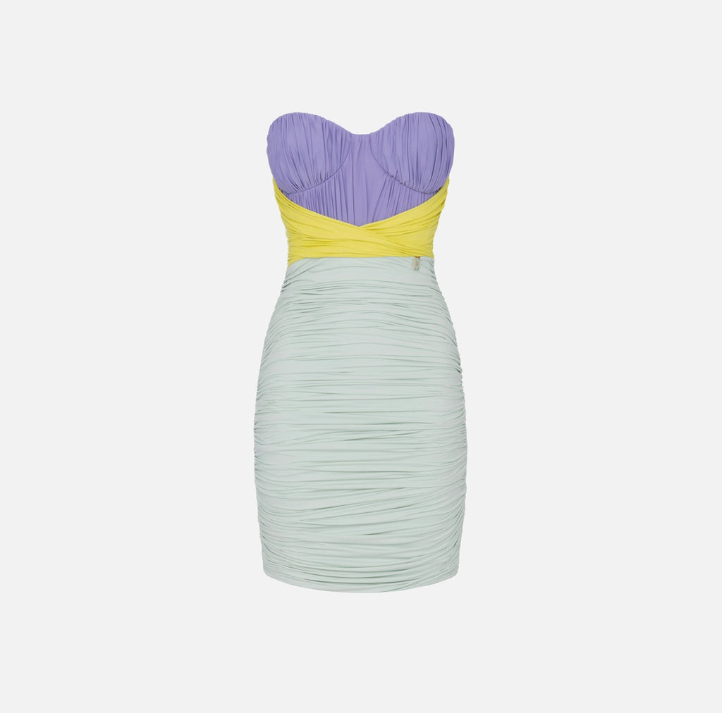 Aqua lilac tricolor mini dress in draped jersey