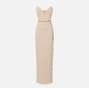 Ivory column strapless dress with gold buttons on the side and chain belt