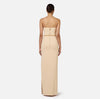 Ivory column strapless dress with gold buttons on the side and chain belt