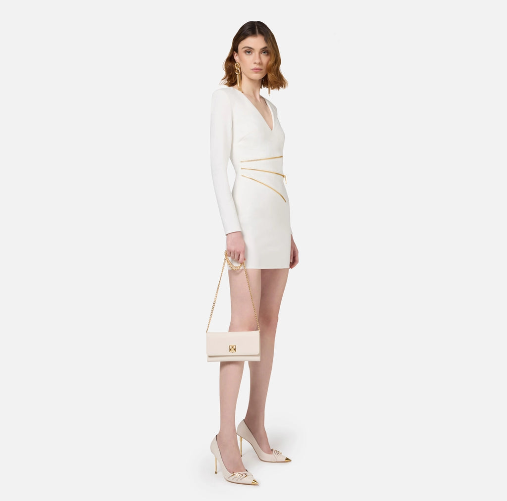 White stretch mini dress with zippers