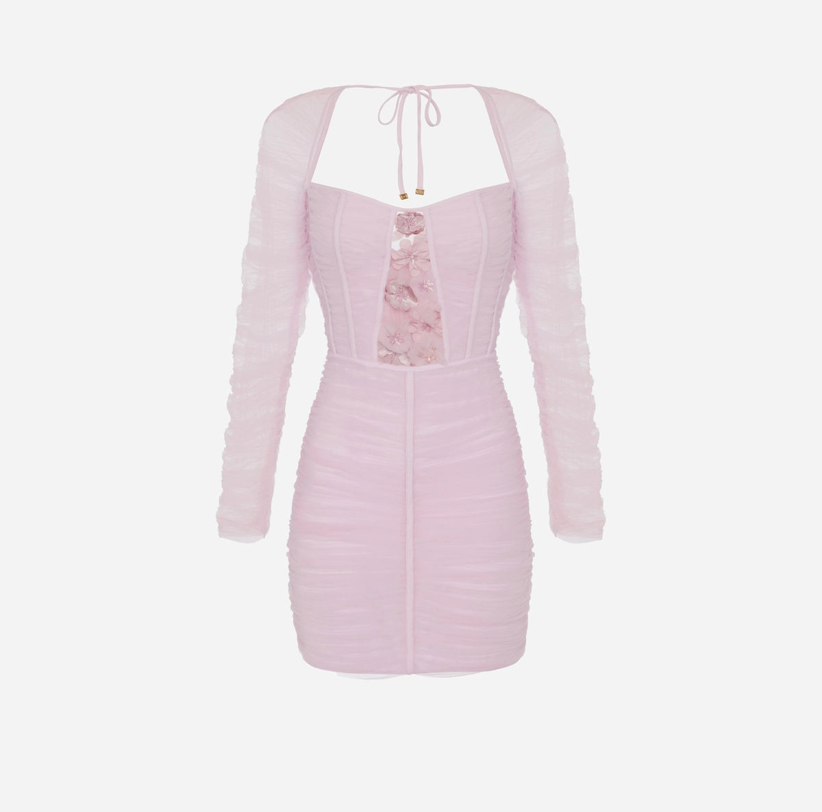 Lilac tulle mini dress with sleeves and embroidered flowers