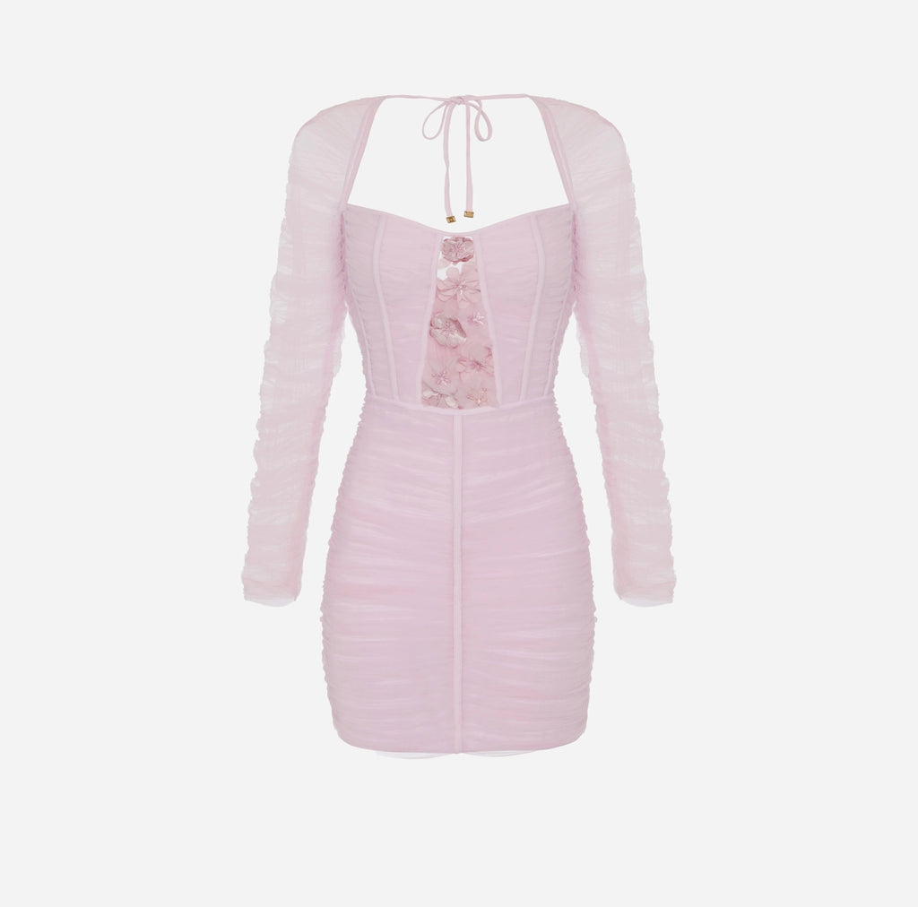 Lilac tulle mini dress with sleeves and embroidered flowers
