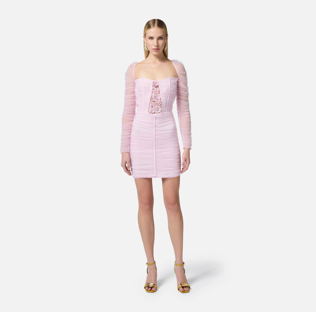 Lilac tulle mini dress with sleeves and embroidered flowers