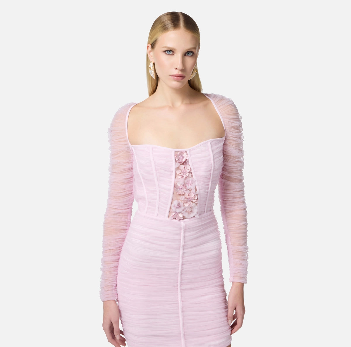 Lilac tulle mini dress with sleeves and embroidered flowers