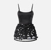 Black duchess satin mini dress with micro bows