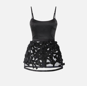 Black duchess satin mini dress with micro bows