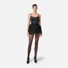 Black duchess satin mini dress with micro bows