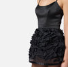 Black duchess satin mini dress with micro bows
