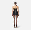 Black duchess satin mini dress with micro bows