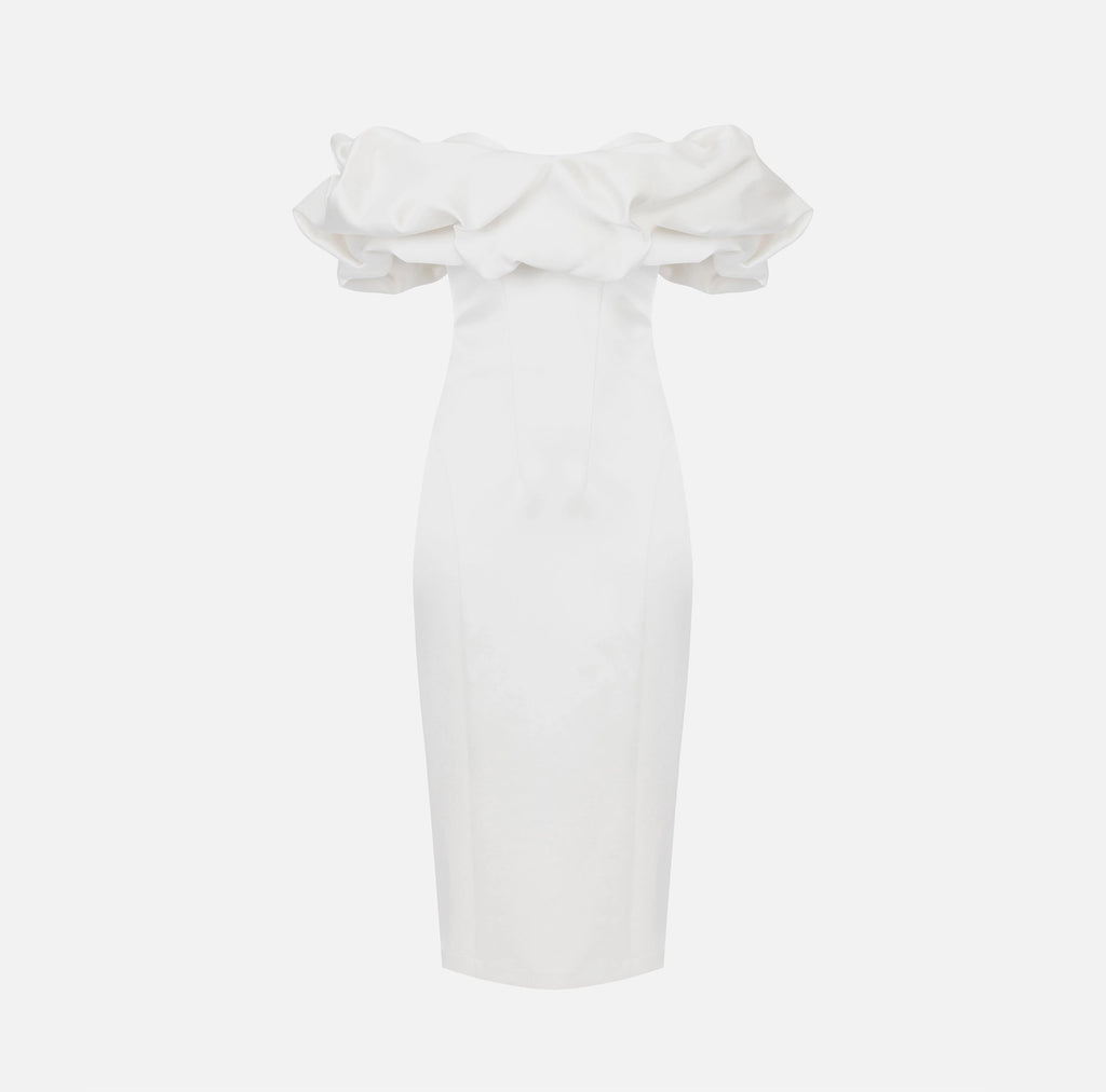 Ivory duchess satin sheath dress with exaggerated sleeves