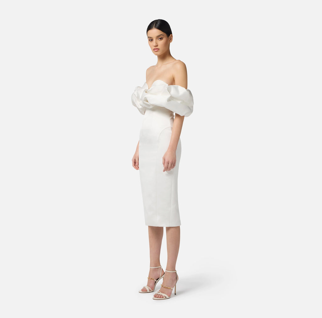 Ivory duchess satin sheath dress with exaggerated sleeves