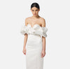 Ivory duchess satin sheath dress with exaggerated sleeves