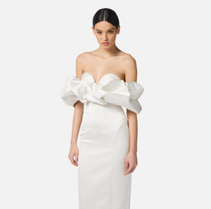 Ivory duchess satin sheath dress with exaggerated sleeves