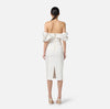 Ivory duchess satin sheath dress with exaggerated sleeves