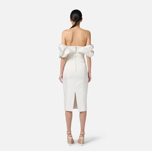 Ivory duchess satin sheath dress with exaggerated sleeves