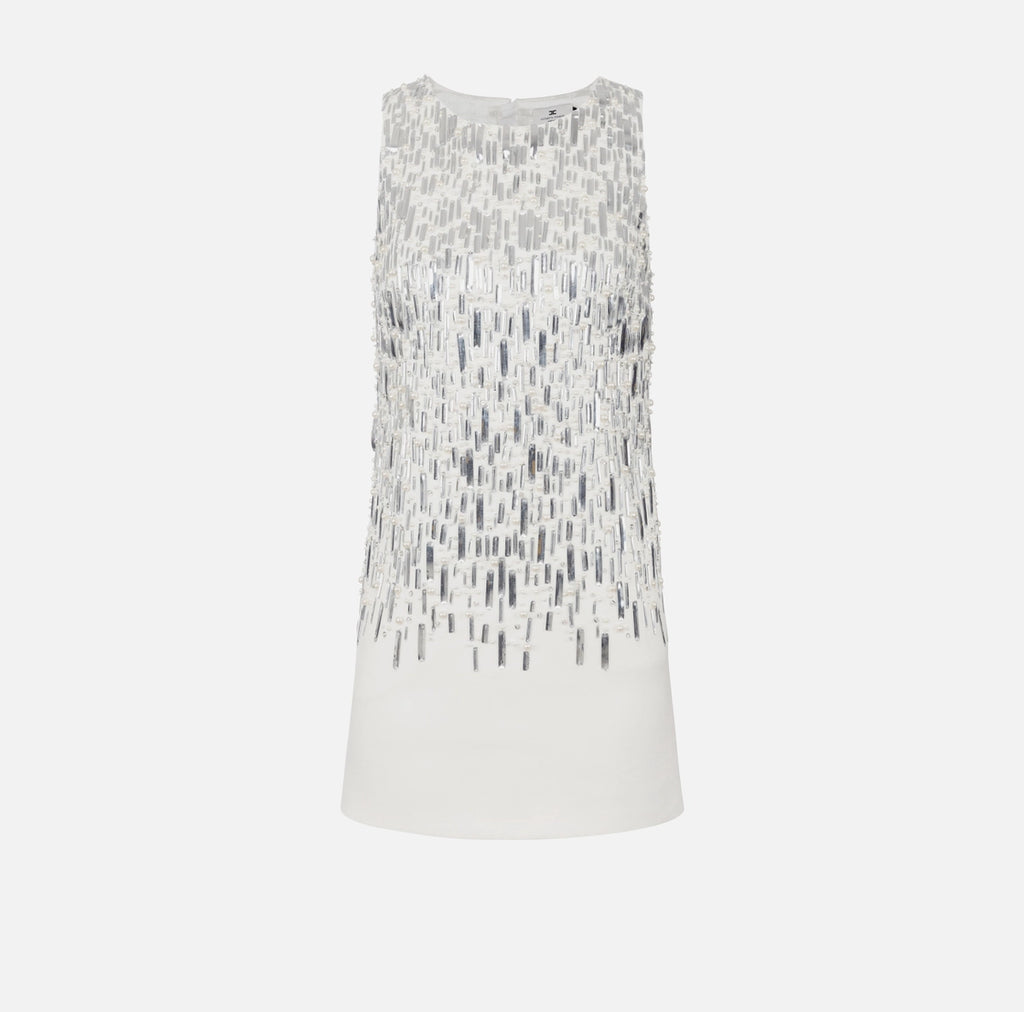 White mini dress with frontal silver sequins and pearls embroidery