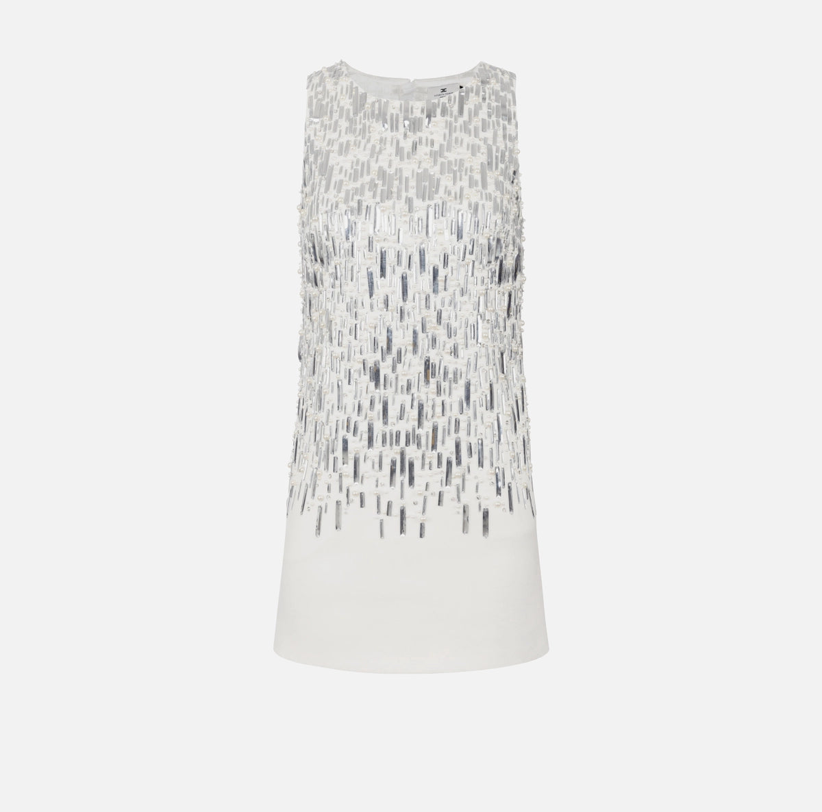 White mini dress with frontal silver sequins and pearls embroidery