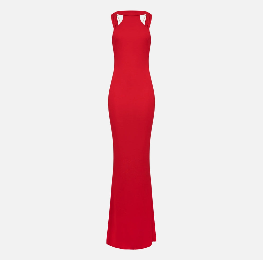 Red jersey mermaid style gown with back necklace