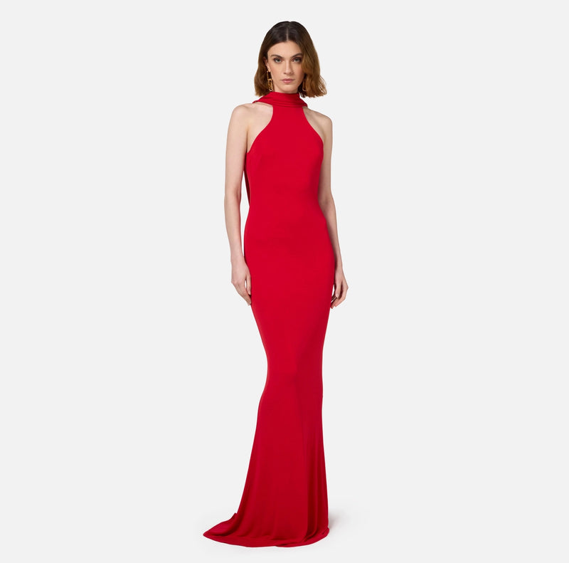 Red jersey mermaid style gown with back necklace