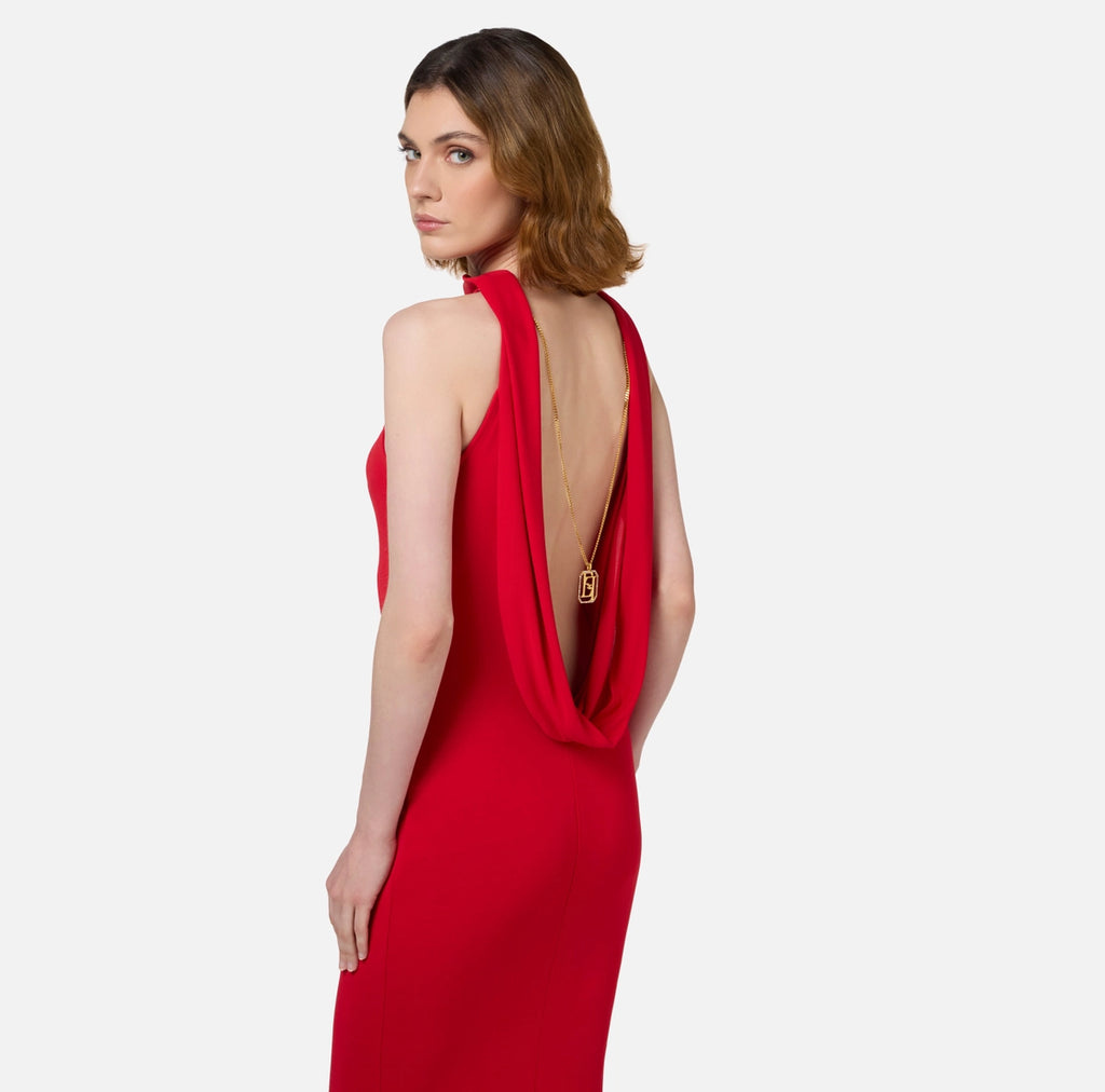 Red jersey mermaid style gown with back necklace