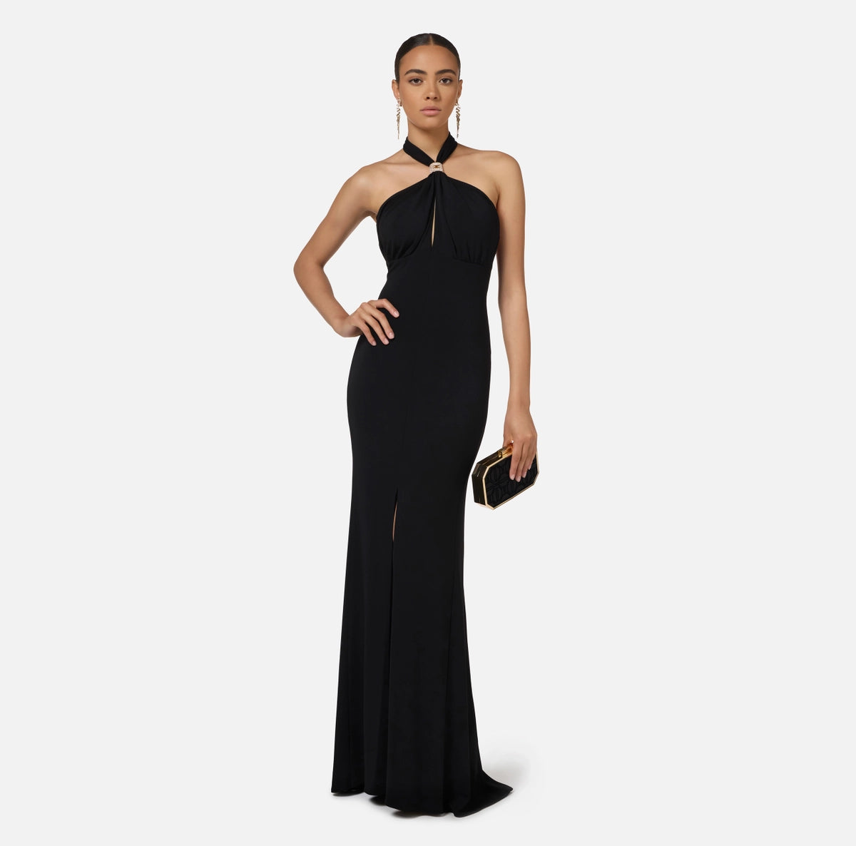 【OPEN YY】JERSEY HALTER DRESS, BLACK Black jersey halter neck Red Carpet dress – BU Club