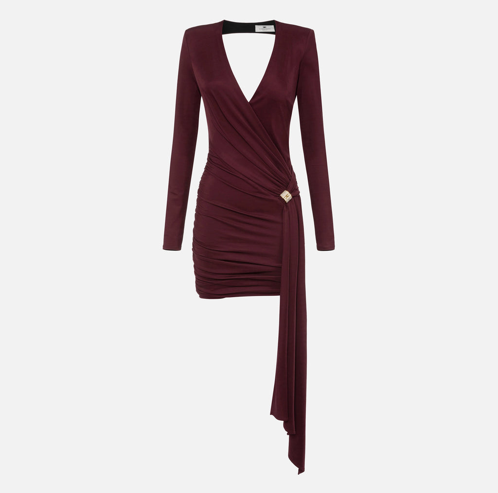 Burgundy long sleeve jersey mini dress with open back