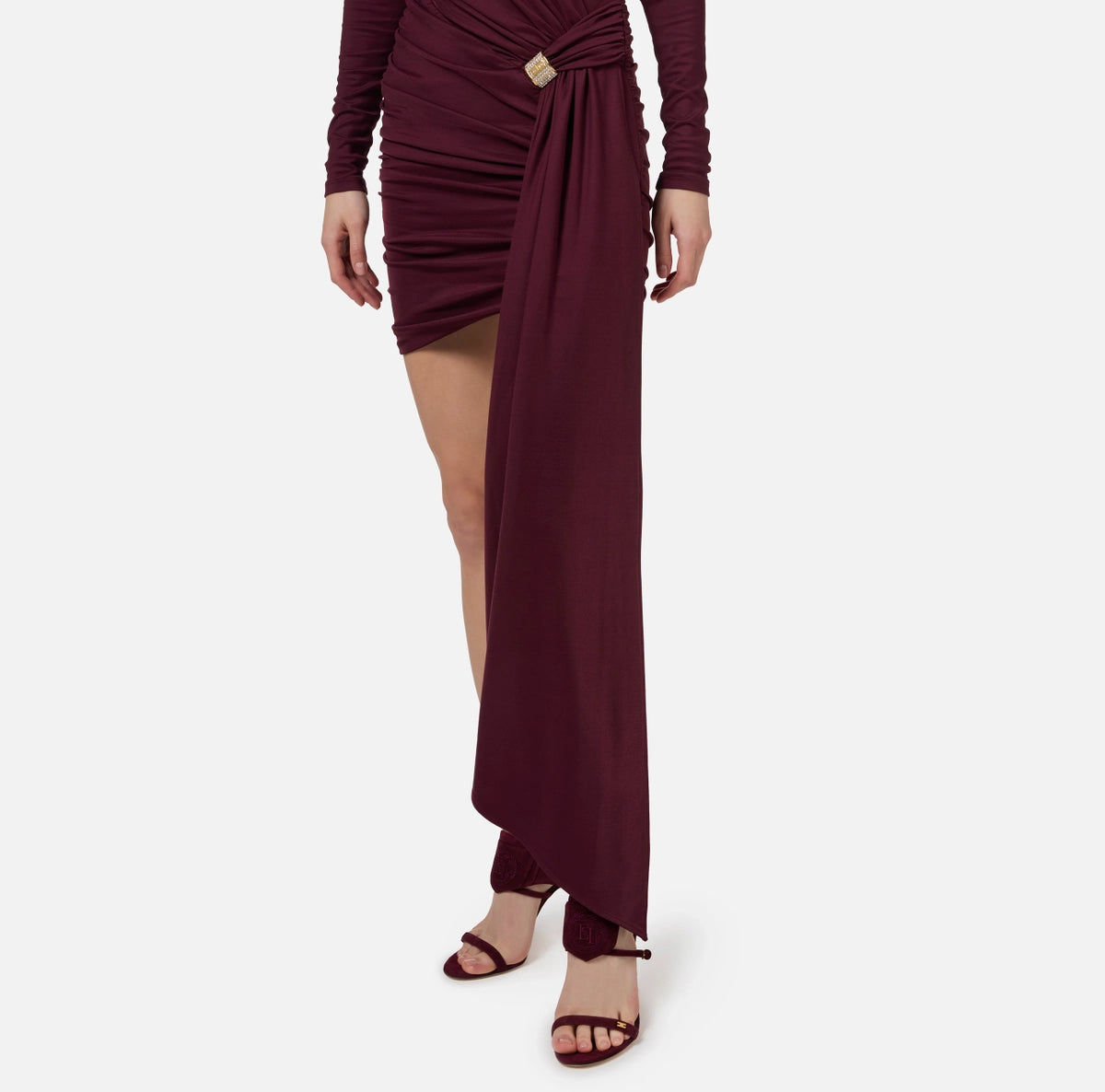 Burgundy long sleeve jersey mini dress with open back